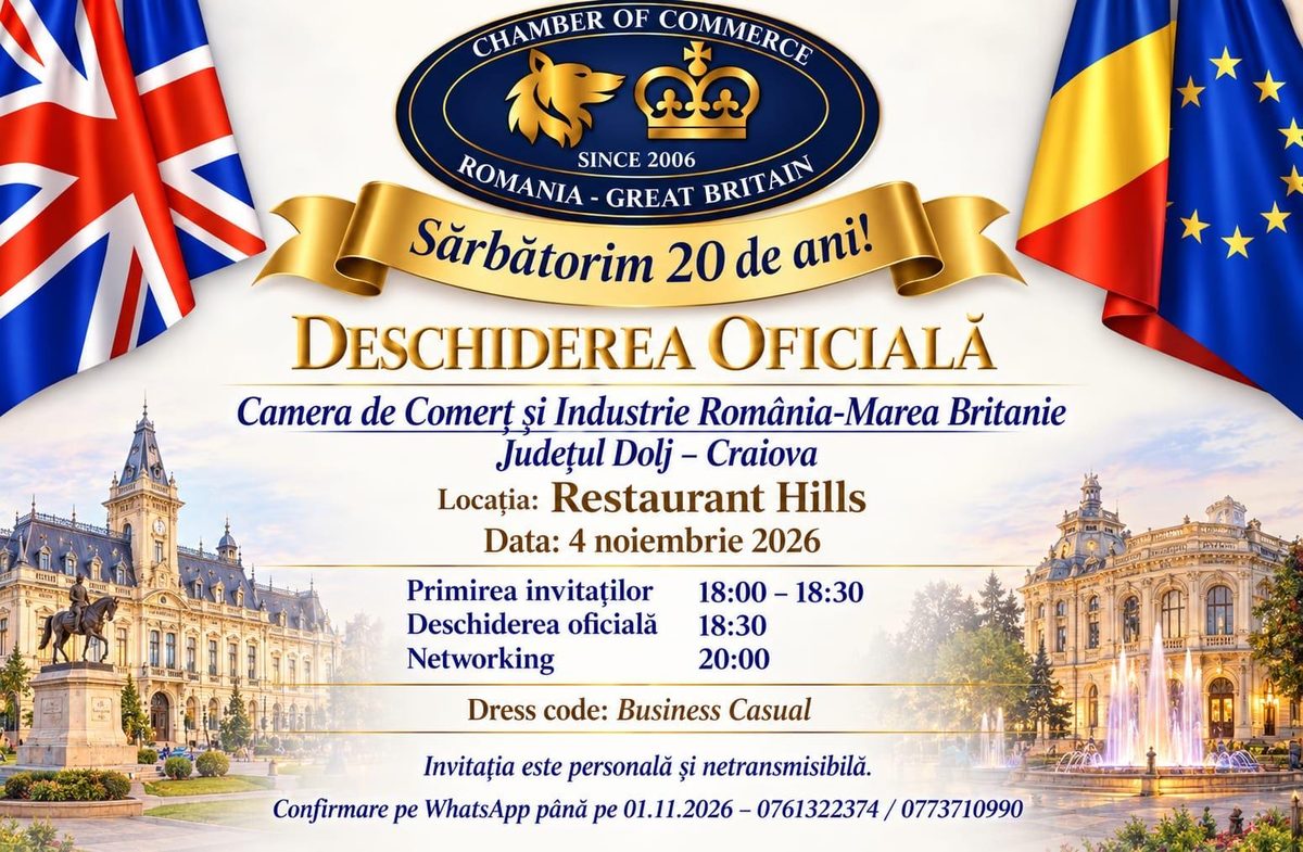 Invitația la deschiderea oficială a Filialei Craiova: sigiliul Camerei, „Sărbătorim 20 de ani!”, steagurile Marii Britanii, României și Uniunii Europene și clădiri din Craiova, cu data, locația și programul serii